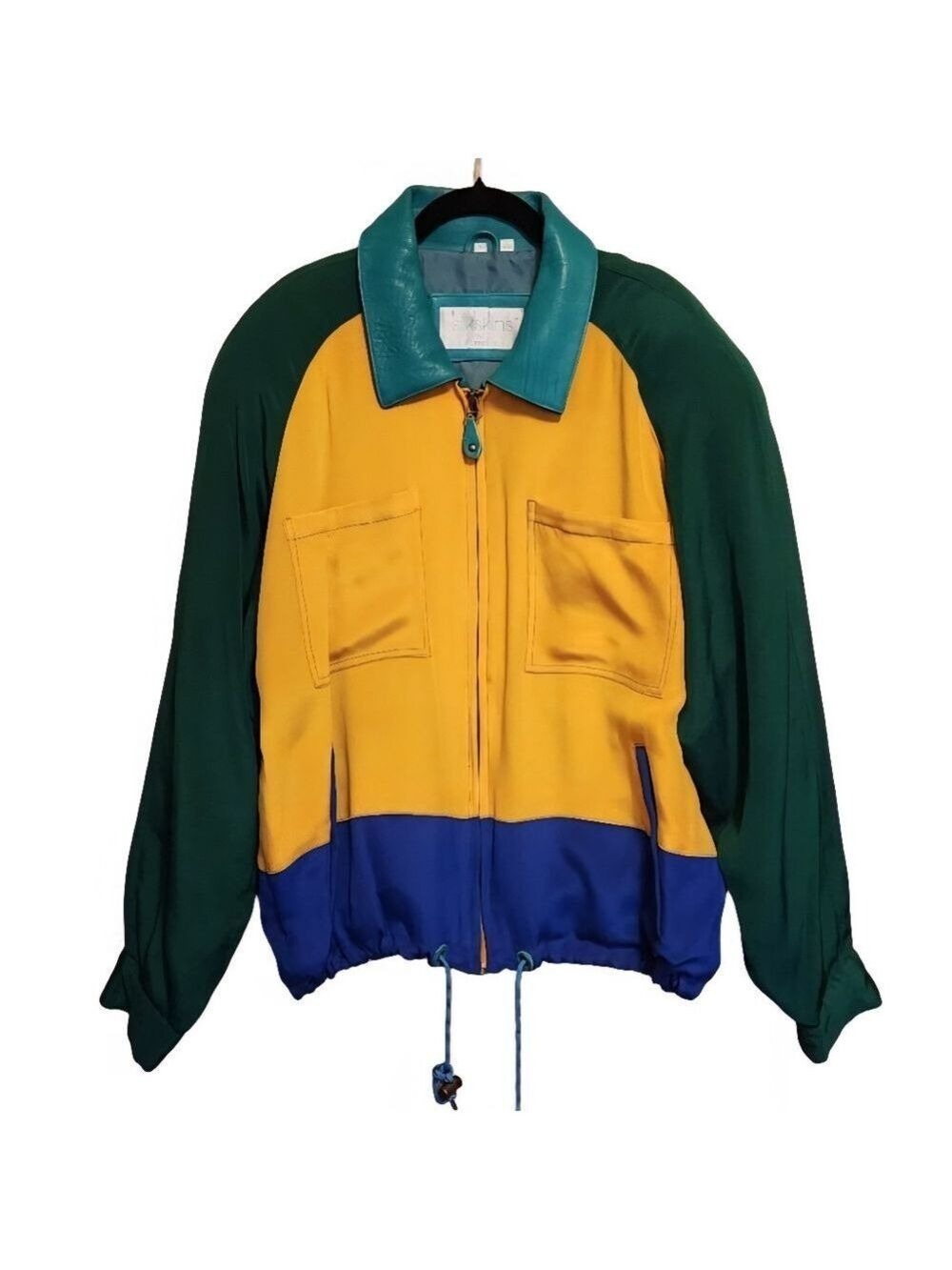 RARE VINTAGE SILK SKINS BY TORA LEATHER AND SILK COLORBLOCK BOMBER JACKET 8/10